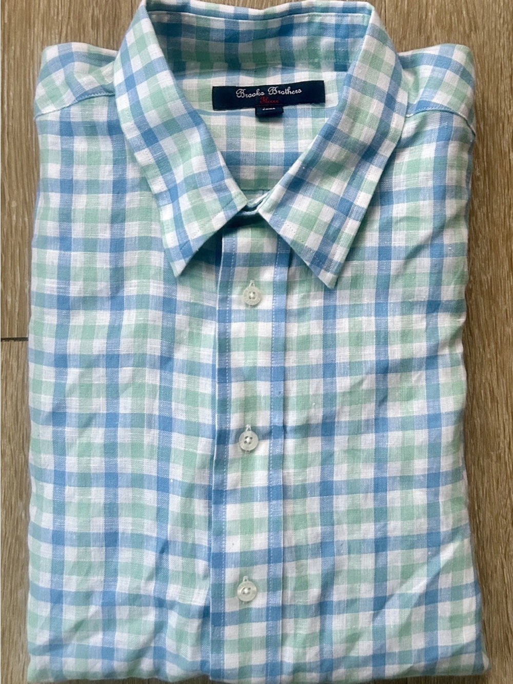 Brooks Brothers Fleece 100% Linen Plaid Button Down Shirt Men's XL Green Blue
